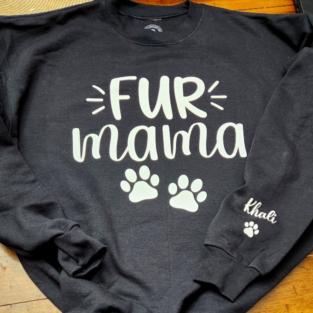 Fur mama crewneck with name on sleeve Small-3XL